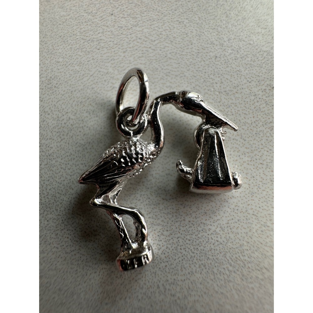 Sterling Silver Stork Carrying Baby Charm Pendant 925 Vintage 1.53g